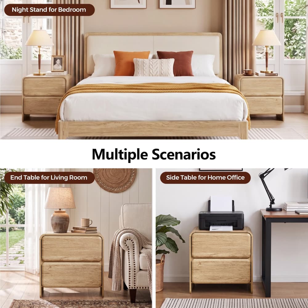 Natural 19.7'' Modern Nightstand Bedside Table with 2 Large Drawers and Hidden Handles