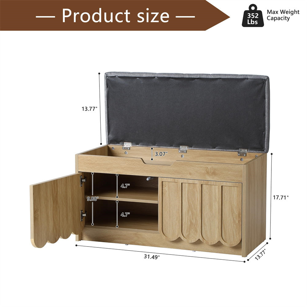 Wooden shoe storage bench with black cushion, dimensions, and weight capacity displayed.