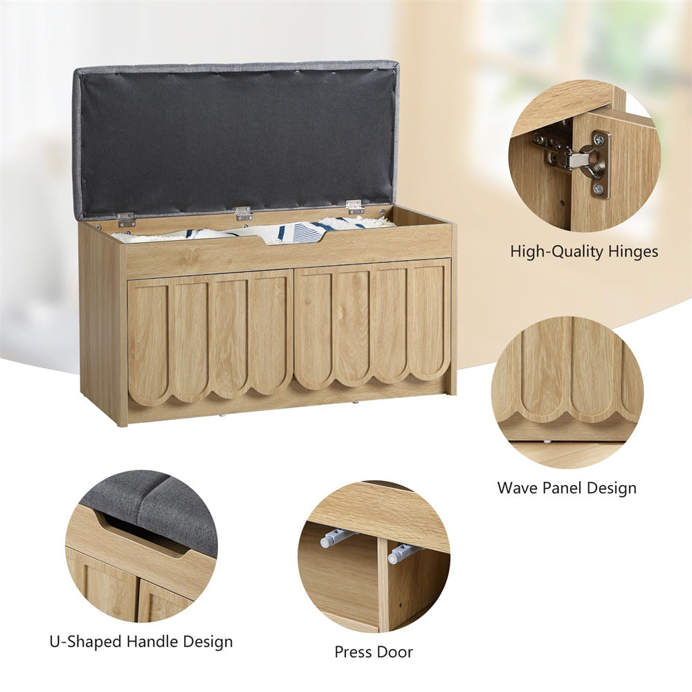 Wooden storage bench with black cushion, highlighting features like high-quality hinges, wave panel design, U-shaped handle, and press door.