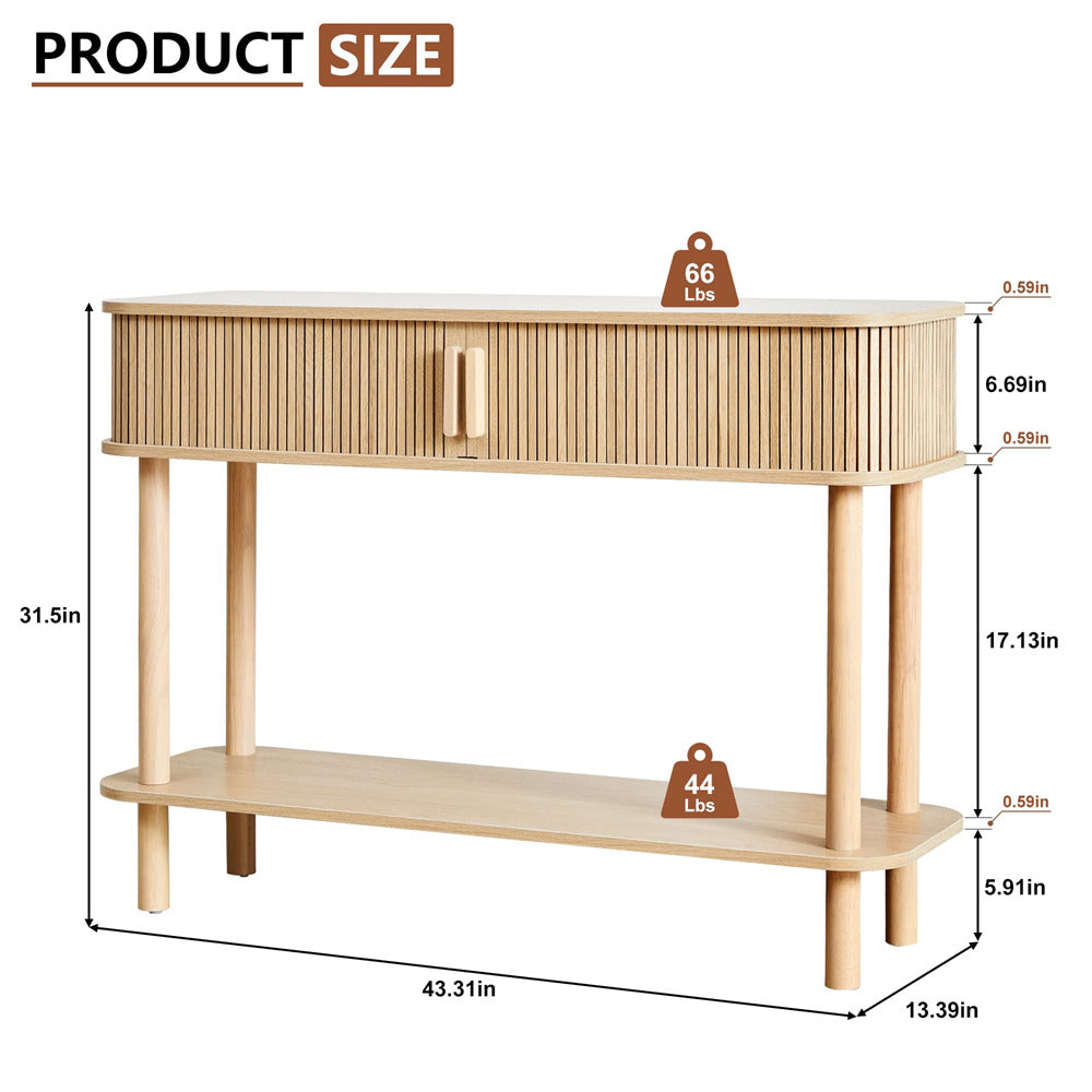 Wooden console table with dimensions and weight indicators on a white background