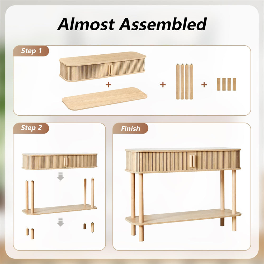 Wooden furniture assembly process with step-by-step instructions.