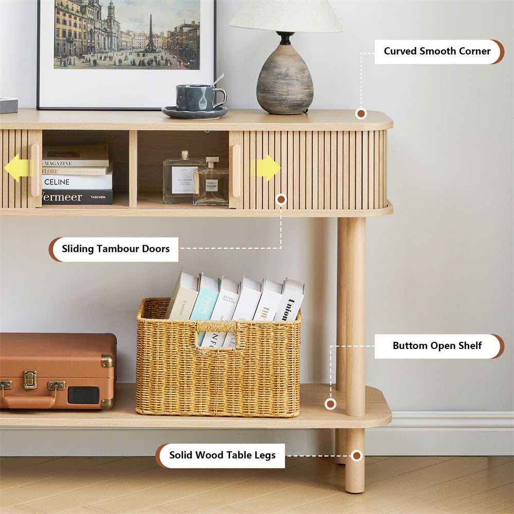 Wooden side table with features highlighted, including curved smooth corner, sliding tambour doors, bottom open shelf, and solid wood legs.