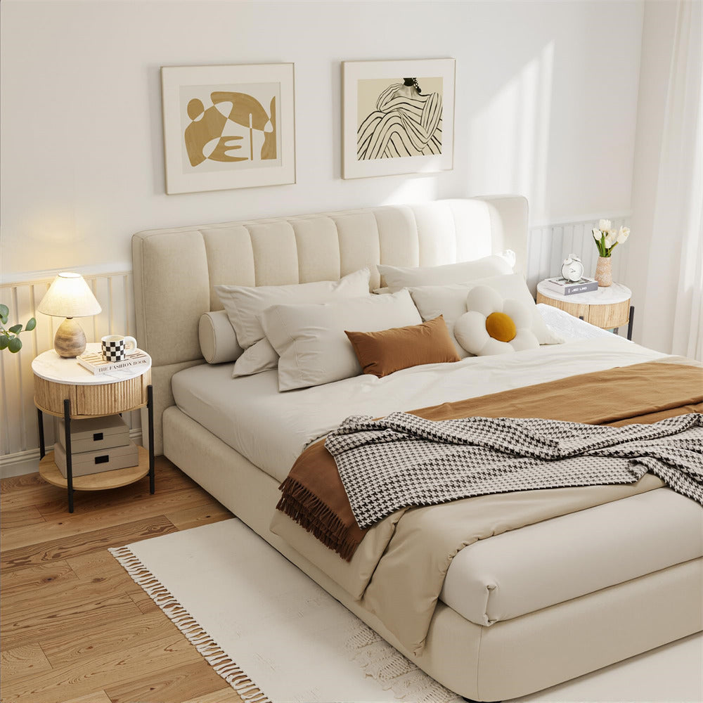 Natural 2-Tier Wooden Round End Table Nightstand Set of 2 with Open Shelf and Metal Legs