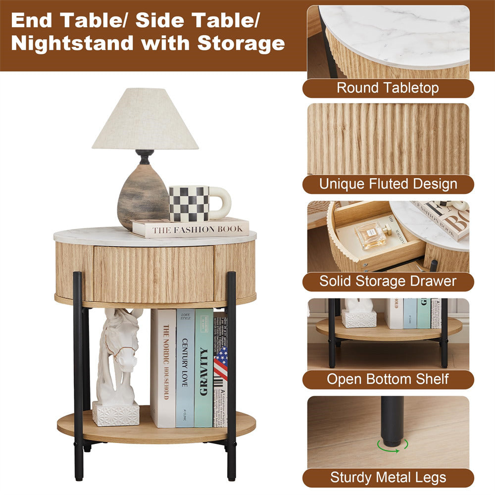 End table with storage features highlighted, including round tabletop, fluted design, solid drawer, open shelf, and metal legs.