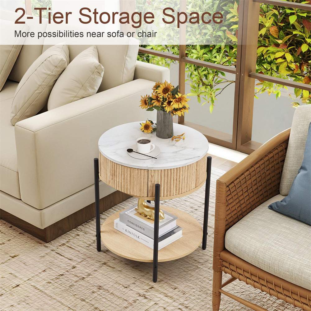 Round side table with two tiers in a living room setting, featuring a sofa and chair.