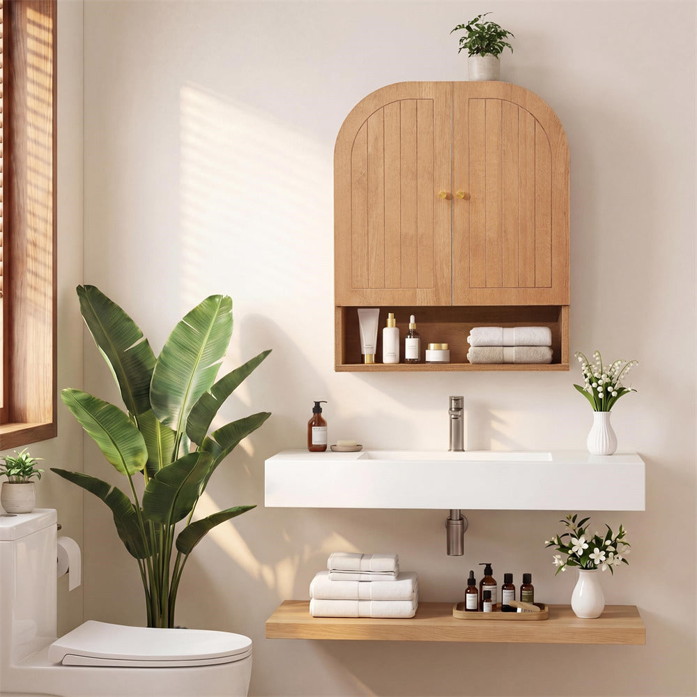 Bathroom interior with wooden cabinet, sink, and plants