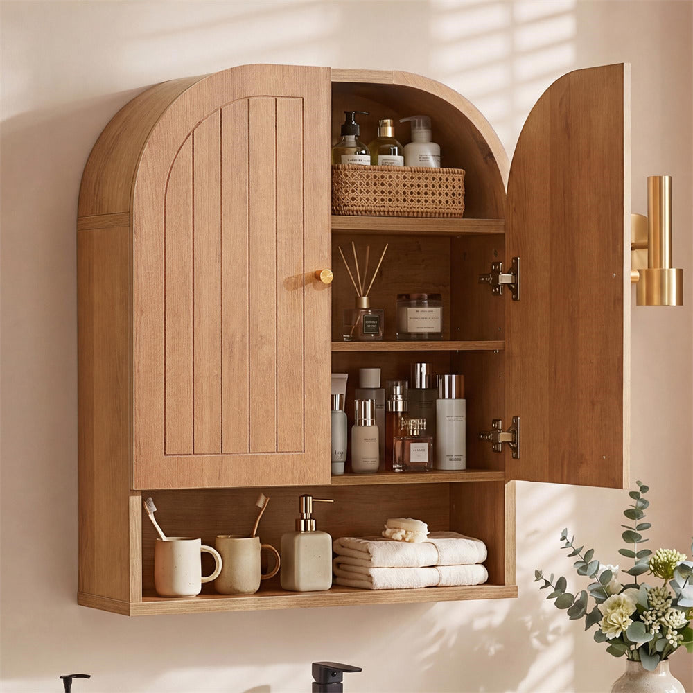 Natural 23.5" Arched Wall Mounted Bathroom Cabinet with Fluted Grooved Design & Soft-Close Hinges