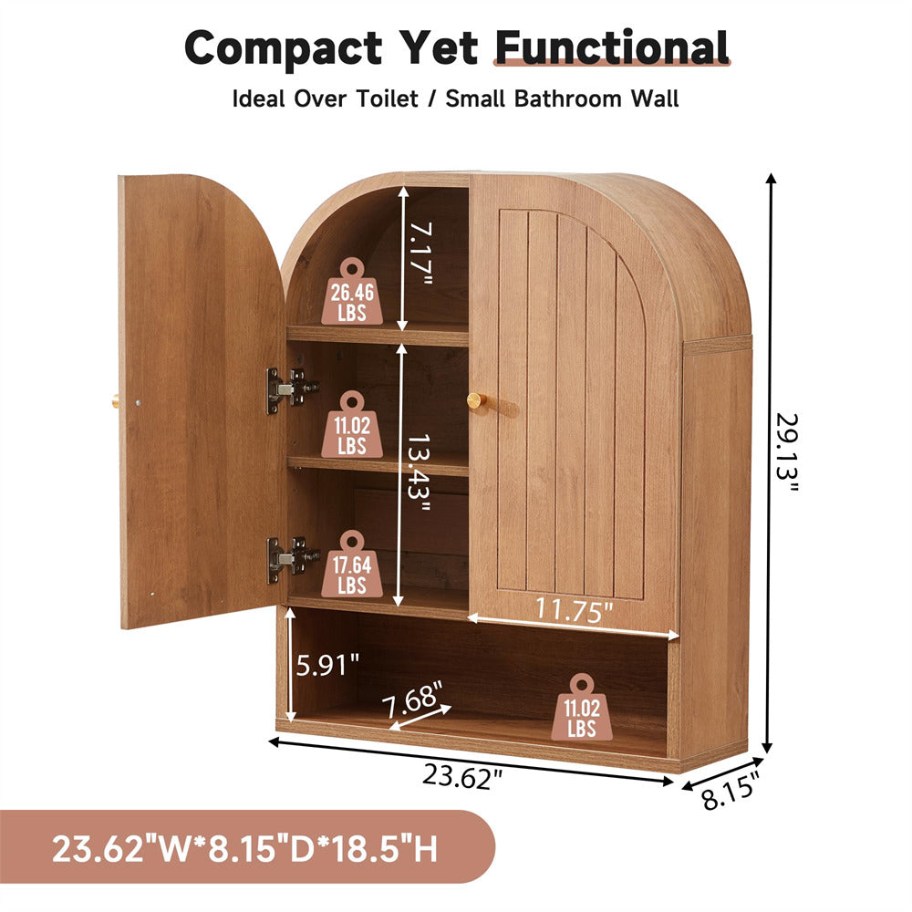 Wooden storage cabinet with dimensions and weight capacity indicators on a white background