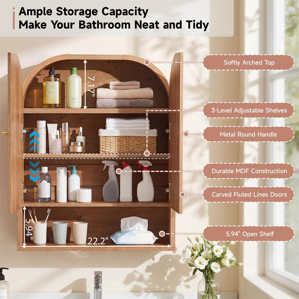 Wooden bathroom cabinet with shelves filled with toiletries, labeled features on a neutral background.