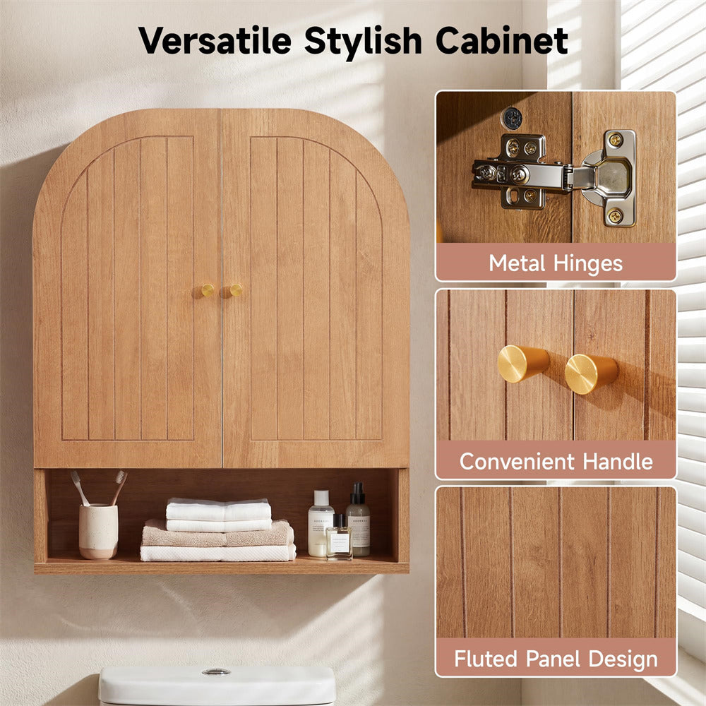 Wooden cabinet with metal hinges, handle, and fluted panel design on a neutral background.