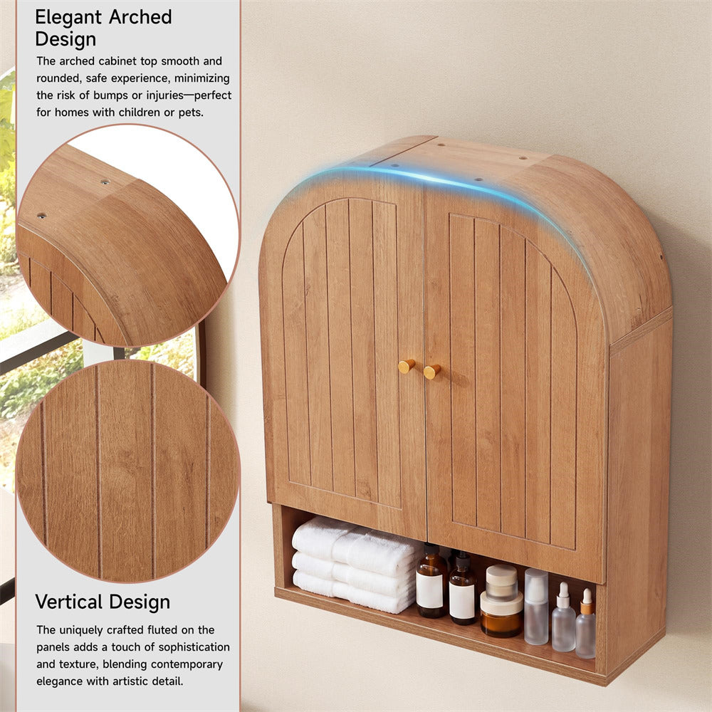 Wooden cabinet with curved top design, containing towels and bottles, on a neutral background.