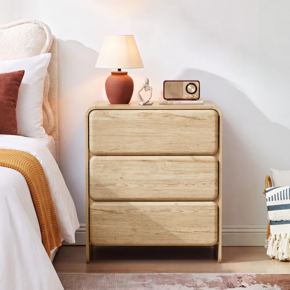 Natural 23.62'' Modern Nightstand Bedside Table with 3 Large Drawers and Hidden Handles