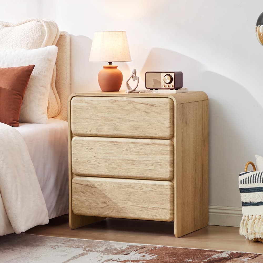 Natural 23.62'' Modern Nightstand Bedside Table with 3 Large Drawers and Hidden Handles