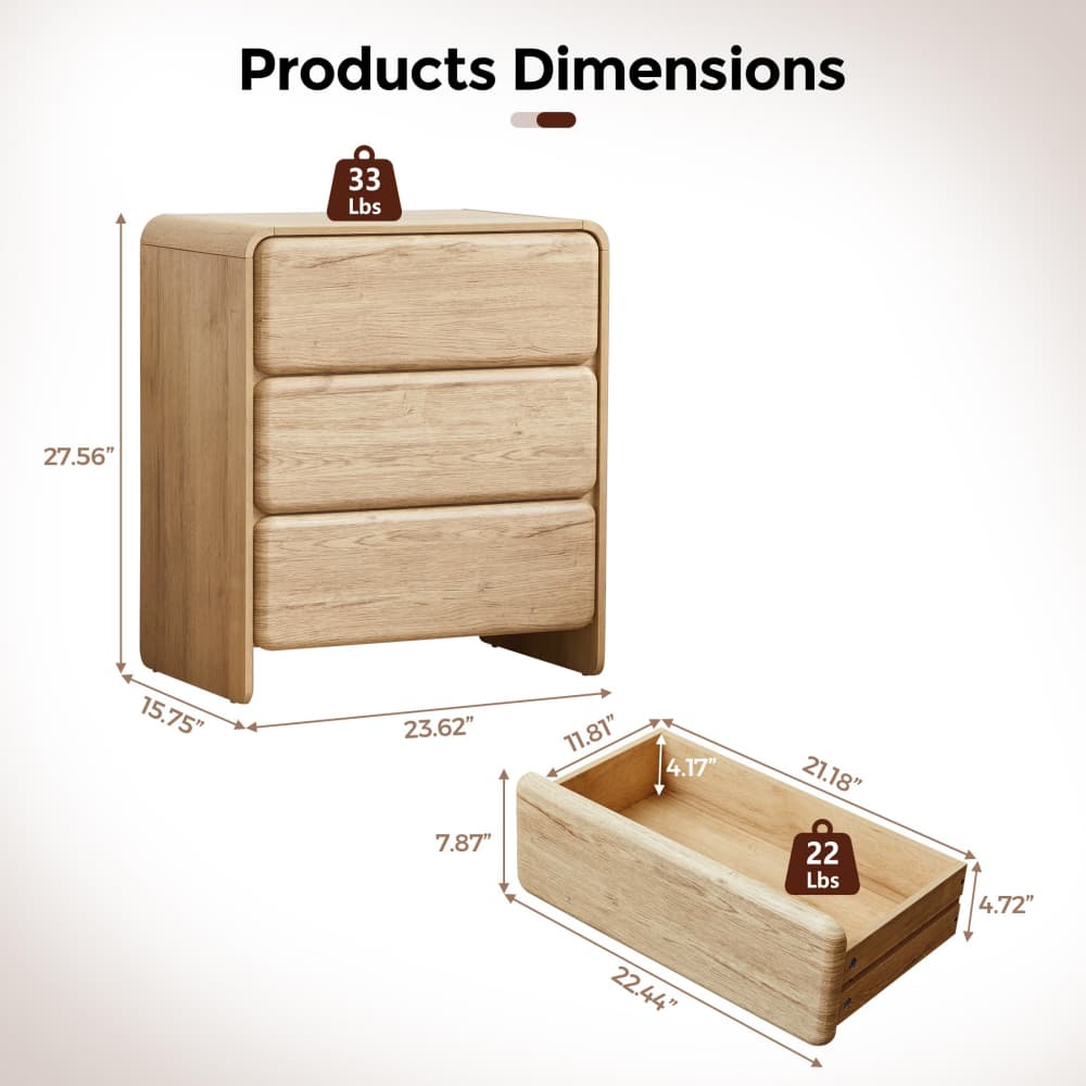 Product dimensions diagram for a light wood three-drawer nightstand, showing the front view with height, width, and depth measurements, plus a separate drawer base view with measurements and weight tags indicating 33 Lbs and 22 Lbs.