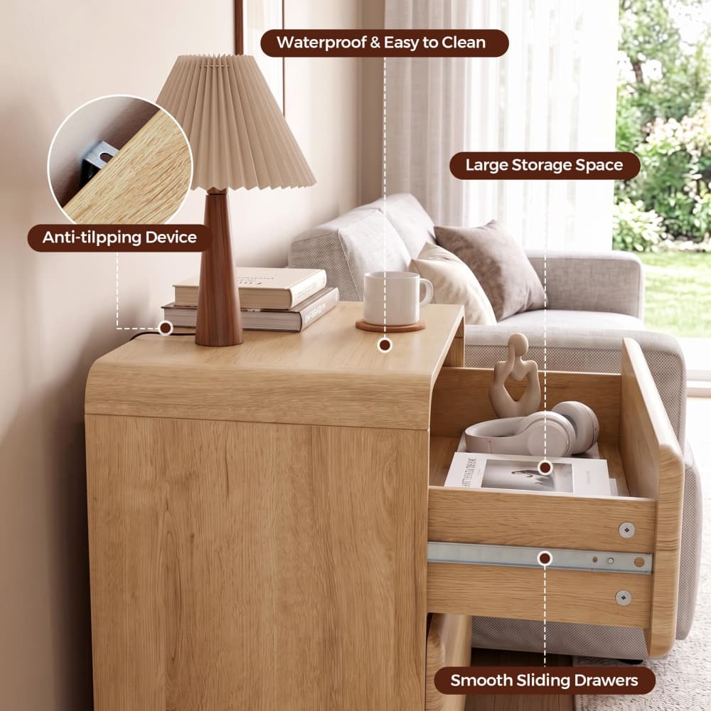 Natural 23.62'' Modern Nightstand Bedside Table with 3 Large Drawers and Hidden Handles