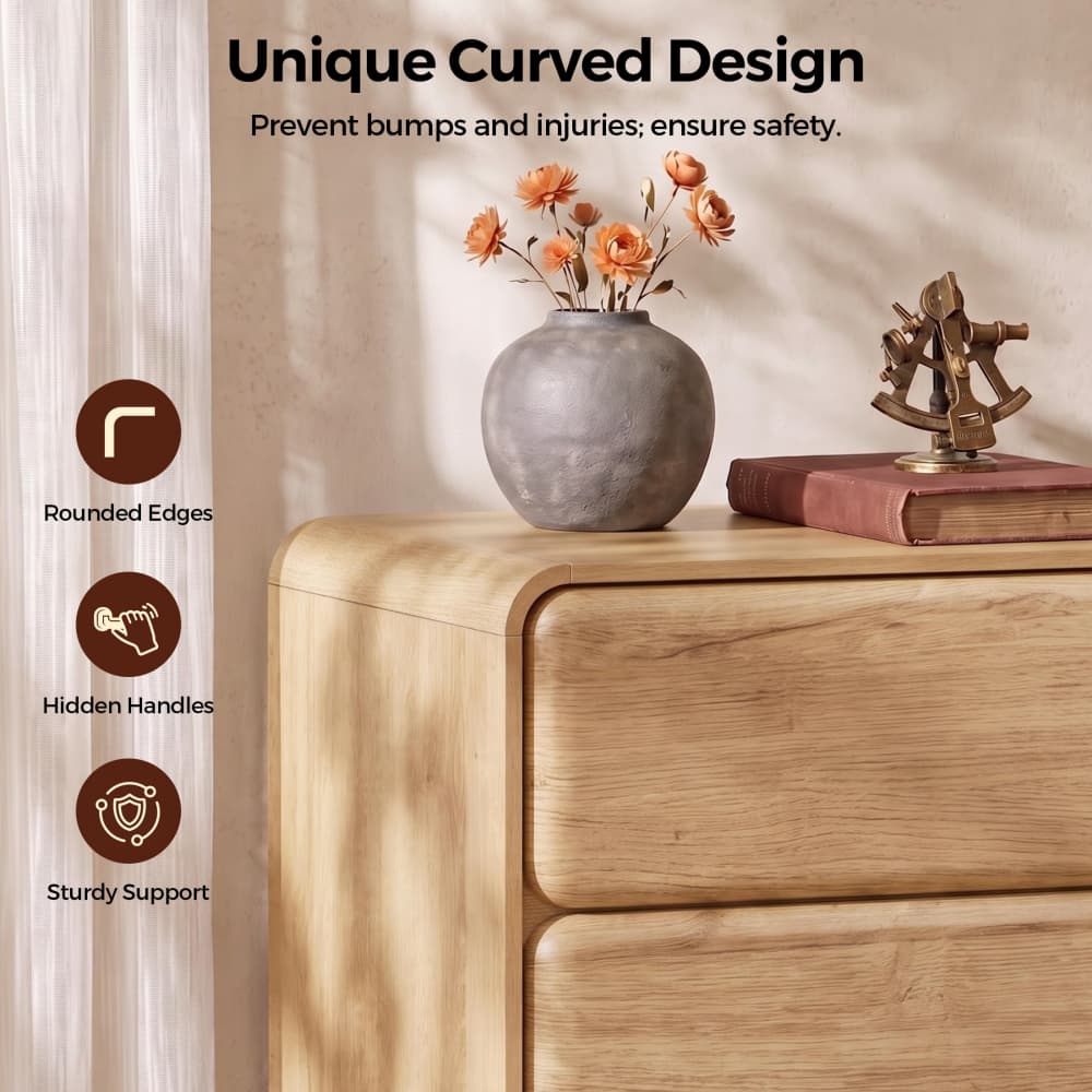 Natural 23.62'' Modern Nightstand Bedside Table with 3 Large Drawers and Hidden Handles