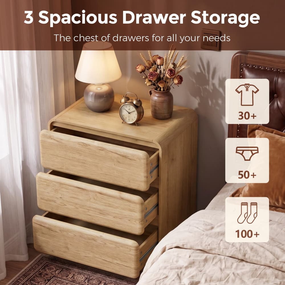 Natural 23.62'' Modern Nightstand Bedside Table with 3 Large Drawers and Hidden Handles