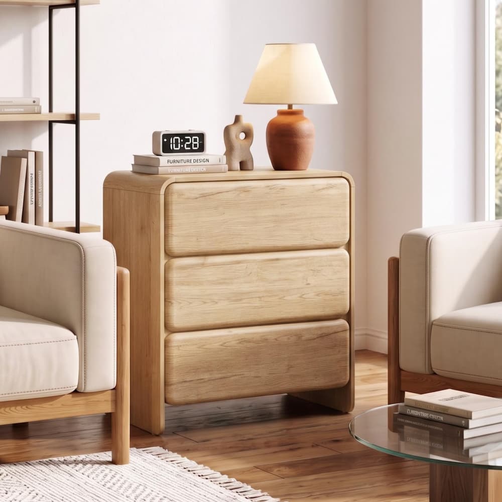 Natural 23.62'' Modern Nightstand Bedside Table with 3 Large Drawers and Hidden Handles