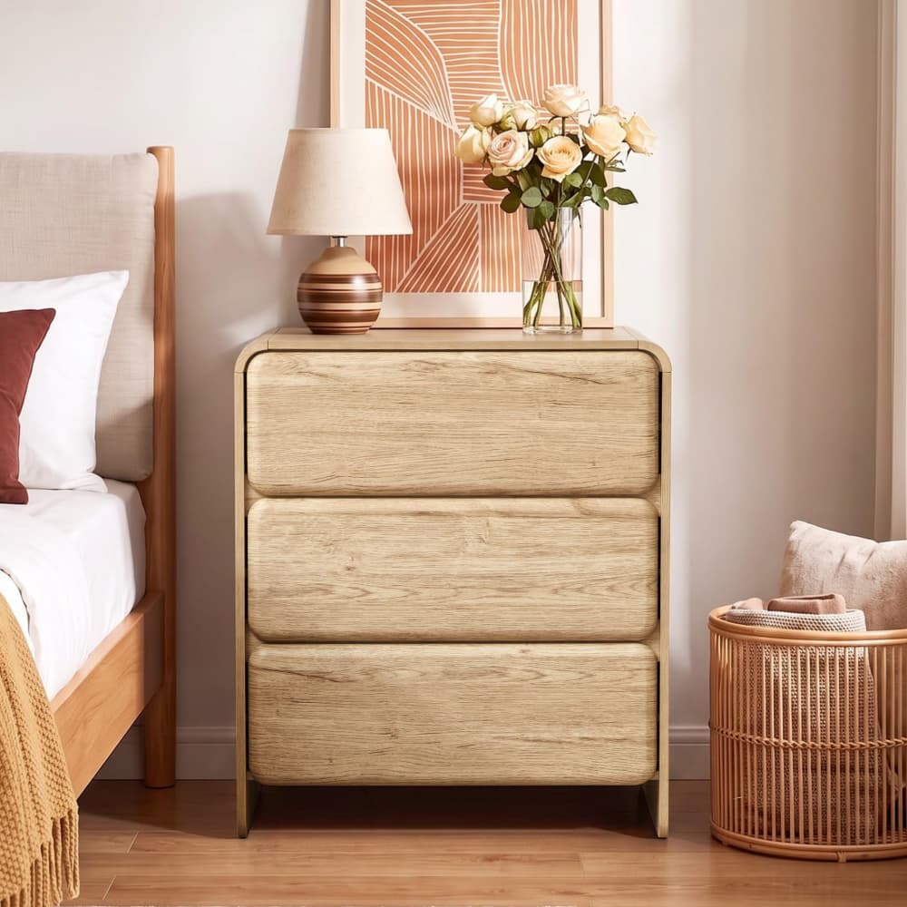 Natural 23.62'' Modern Nightstand Bedside Table with 3 Large Drawers and Hidden Handles