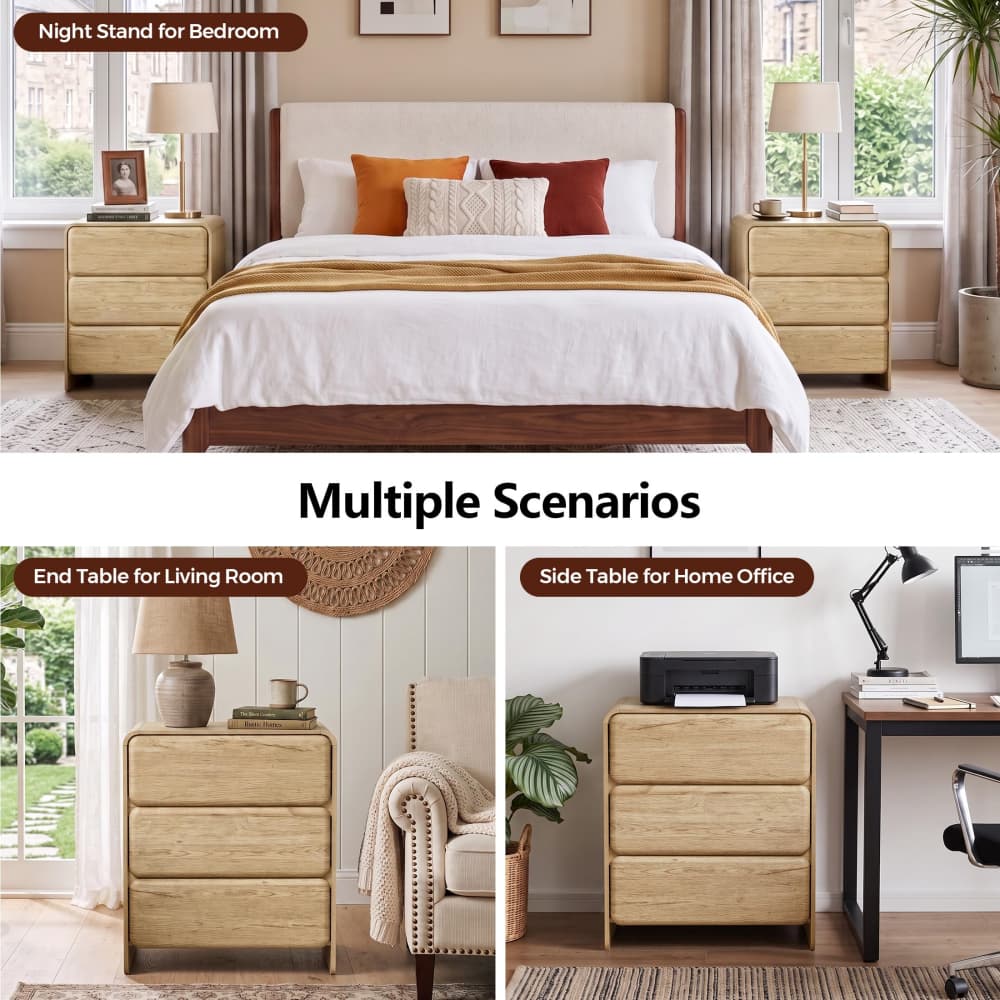 Natural 23.62'' Modern Nightstand Bedside Table with 3 Large Drawers and Hidden Handles