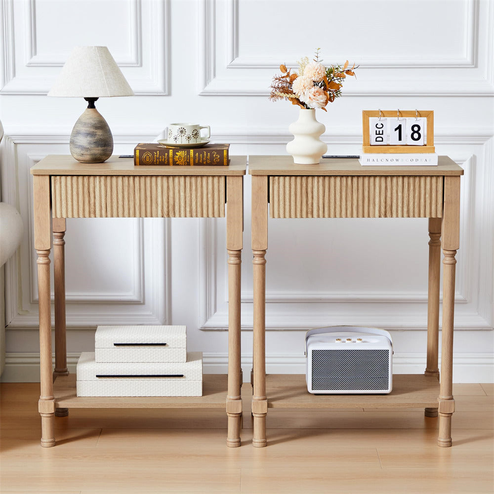 Natural 23.6” Modern Farmhouse Wooden End Table Set of 2 with Charging Station and Fluted Drawer