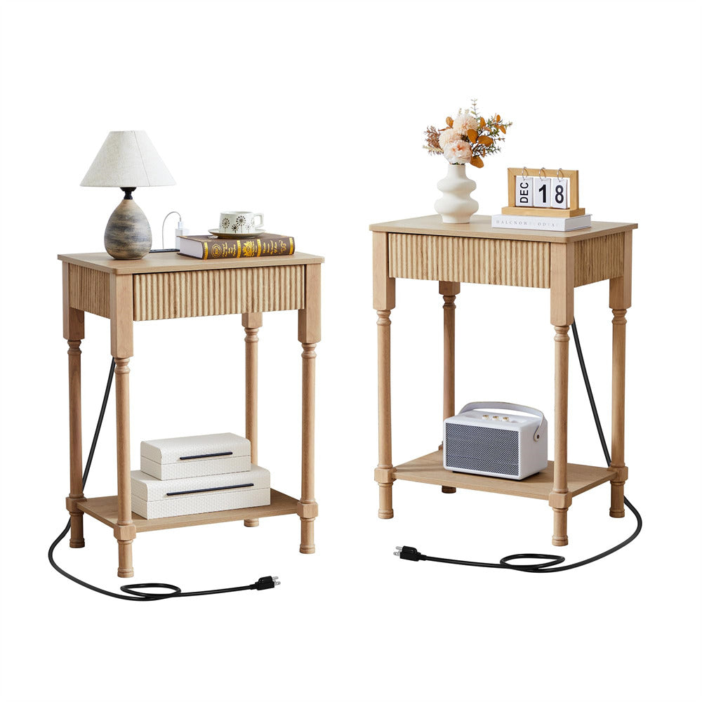 Natural 23.6” Modern Farmhouse Wooden End Table Set of 2 with Charging Station and Fluted Drawer