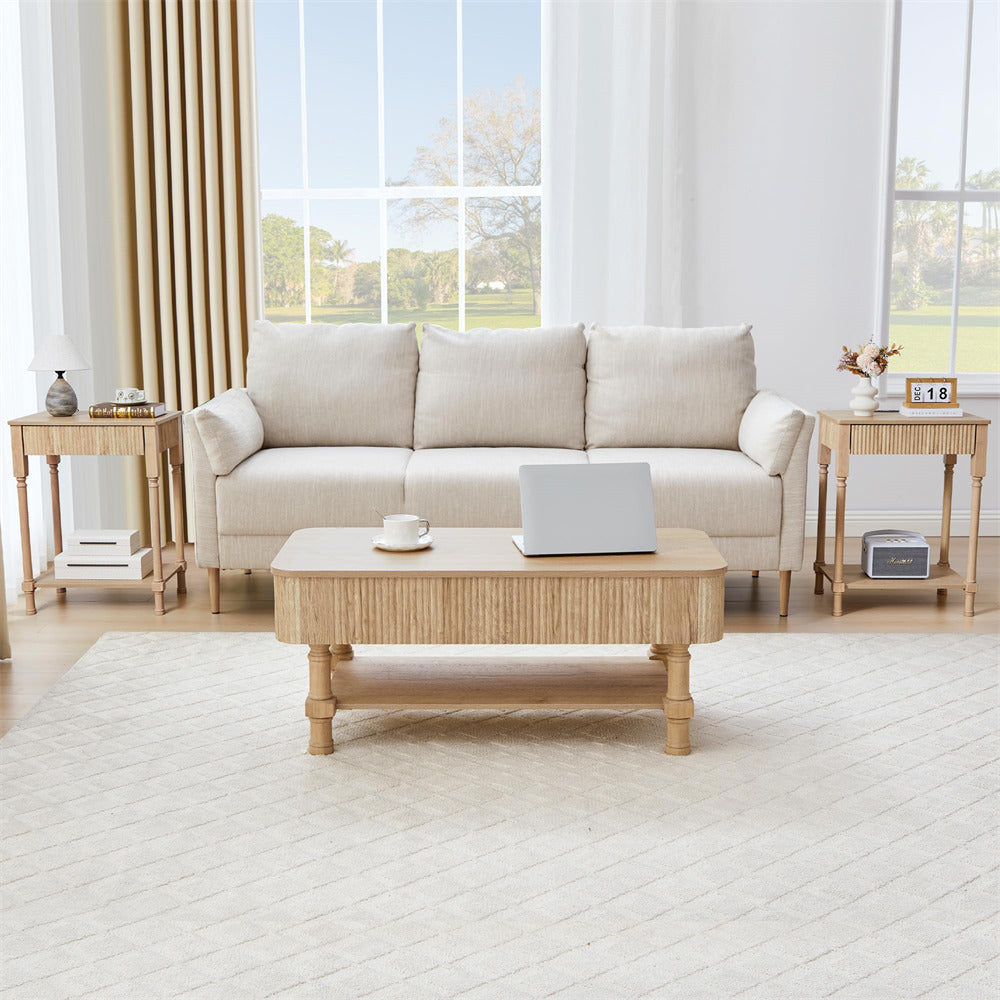 Natural 23.6” Modern Farmhouse Wooden End Table Set of 2 with Charging Station and Fluted Drawer