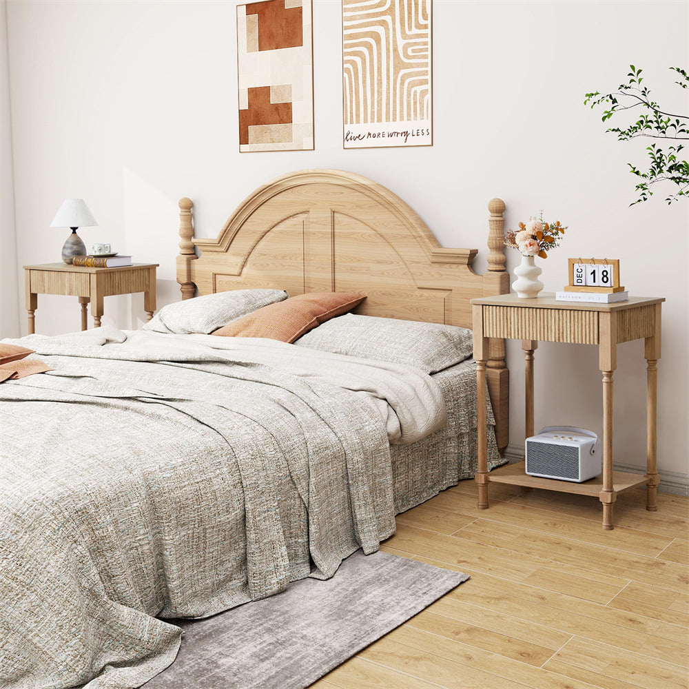 Natural 23.6” Modern Farmhouse Wooden End Table Set of 2 with Charging Station and Fluted Drawer