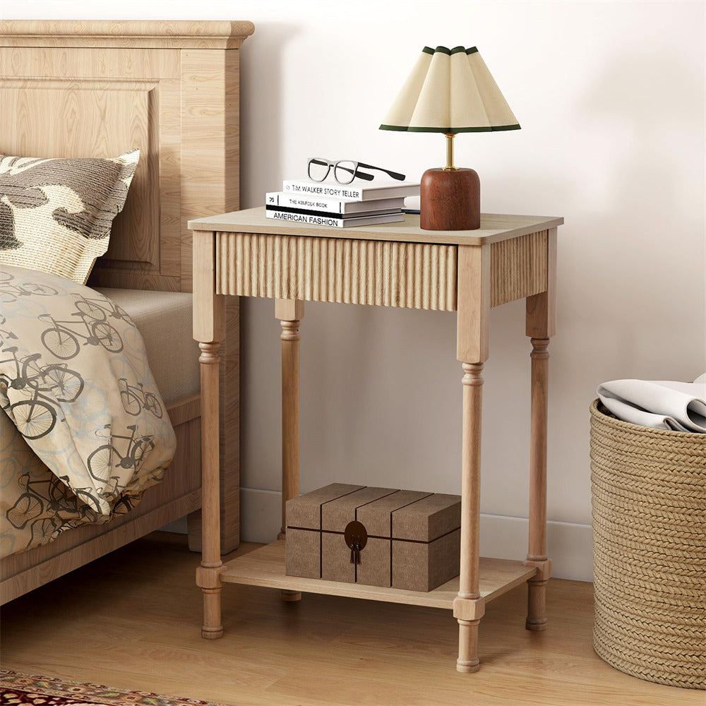 Natural 23.6” Modern Farmhouse Wooden End Table with Charging Station and Fluted Drawer