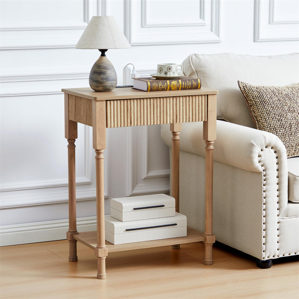 Natural 23.6” Modern Farmhouse Wooden End Table with Charging Station and Fluted Drawer