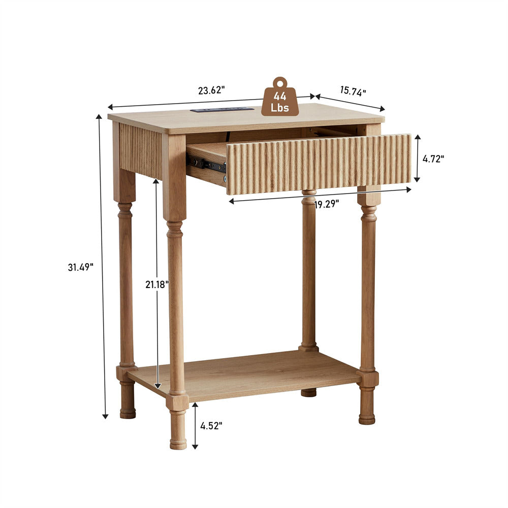 Natural 23.6” Modern Farmhouse Wooden End Table with Charging Station and Fluted Drawer