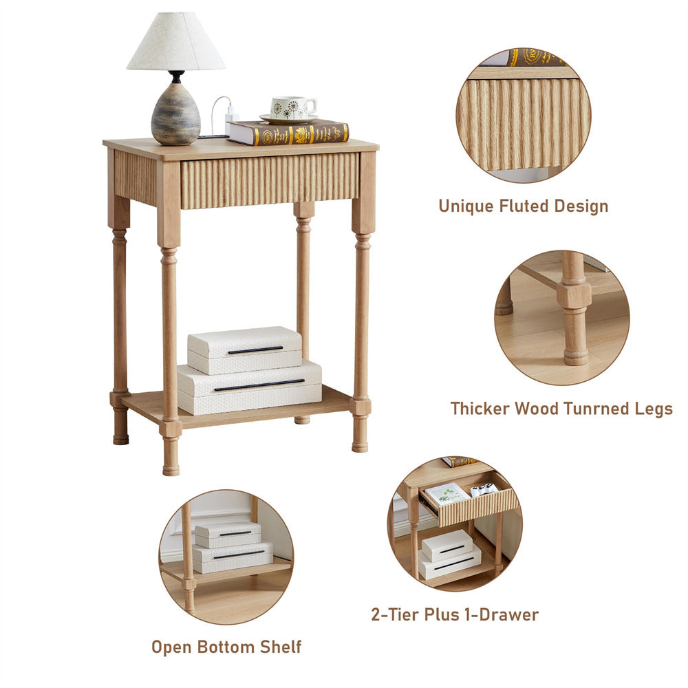 Natural 23.6” Modern Farmhouse Wooden End Table with Charging Station and Fluted Drawer