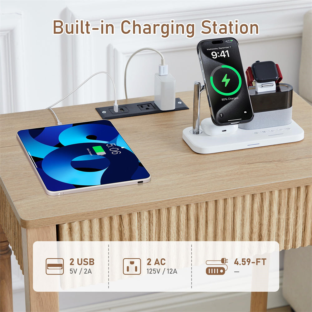 Natural 23.6” Modern Farmhouse Wooden End Table with Charging Station and Fluted Drawer