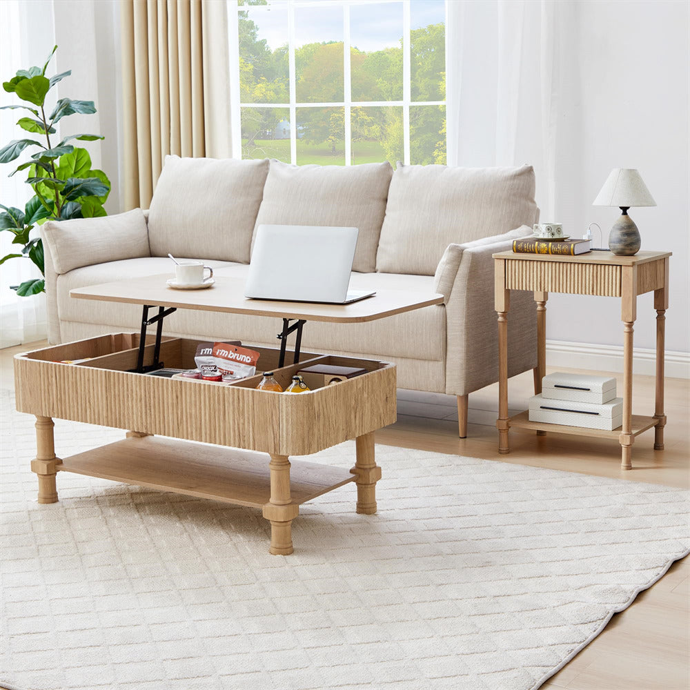 Natural 23.6” Modern Farmhouse Wooden End Table with Charging Station and Fluted Drawer