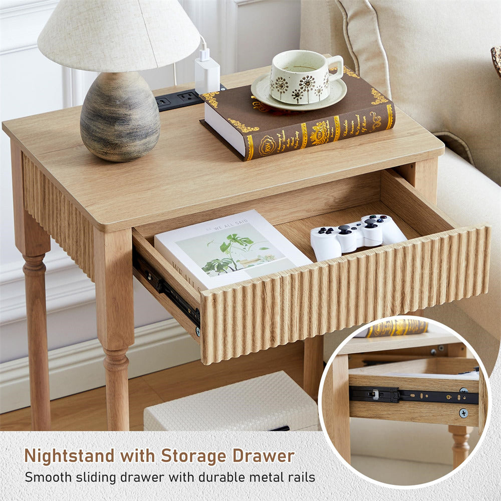 Natural 23.6” Modern Farmhouse Wooden End Table with Charging Station and Fluted Drawer