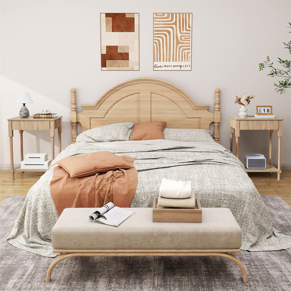 Natural 23.6” Modern Farmhouse Wooden End Table with Charging Station and Fluted Drawer