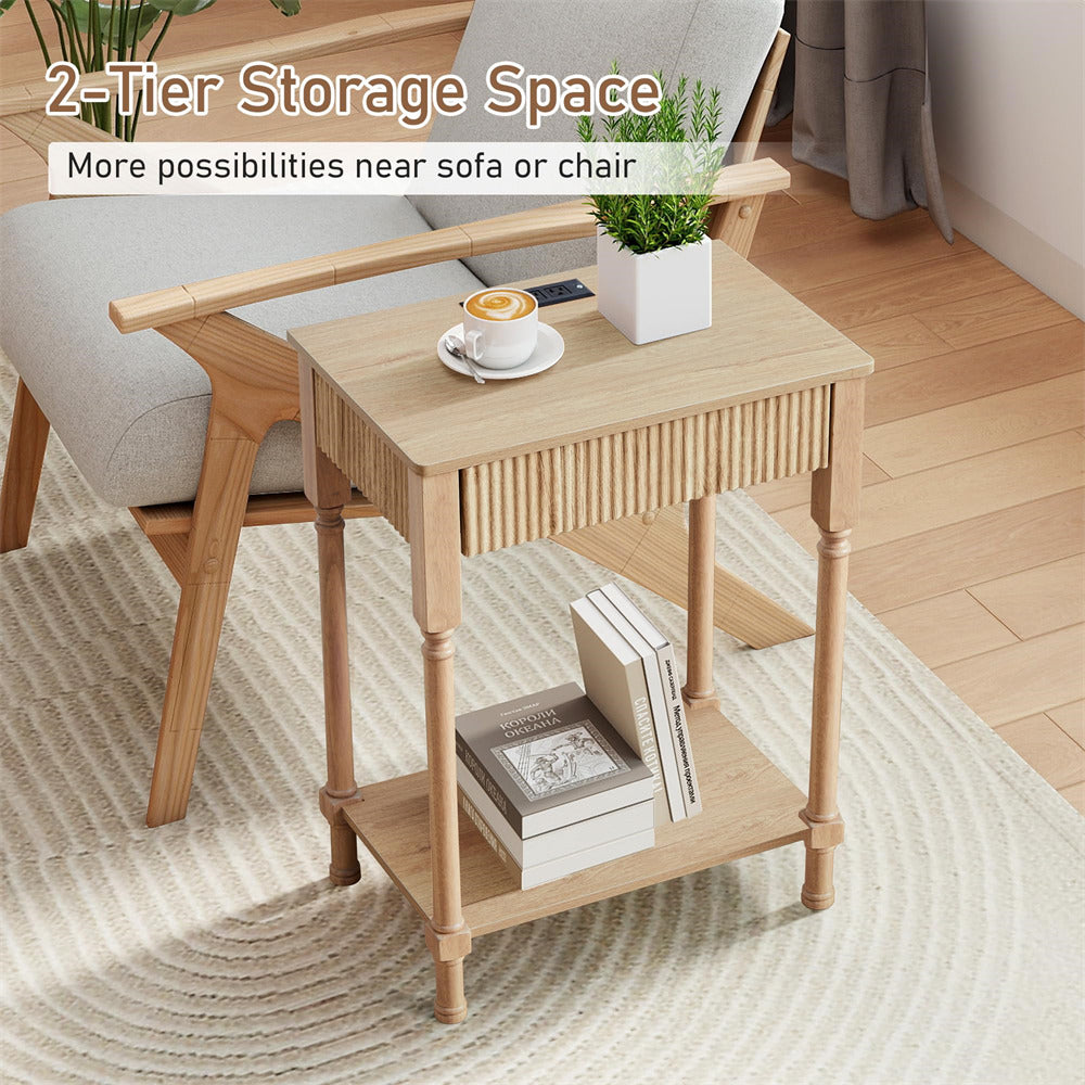 Natural 23.6” Modern Farmhouse Wooden End Table with Charging Station and Fluted Drawer