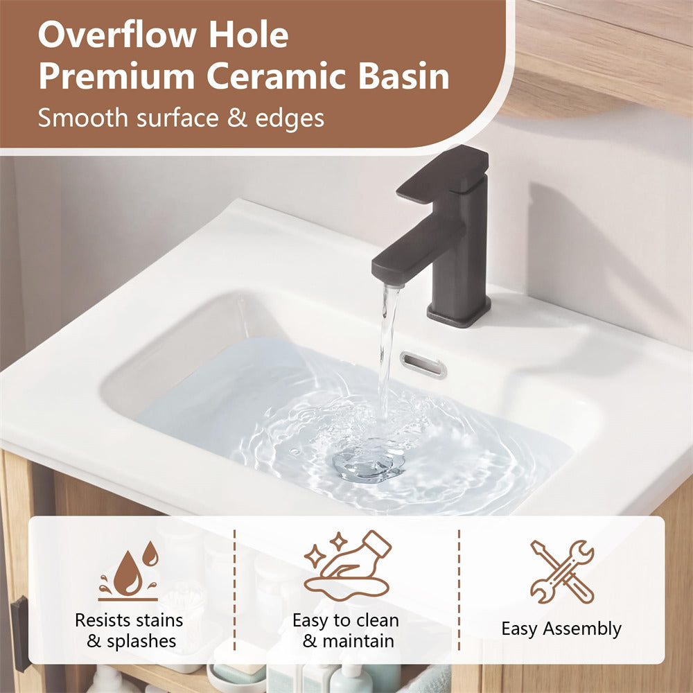 White ceramic basin with running water, black faucet, and text highlighting features.