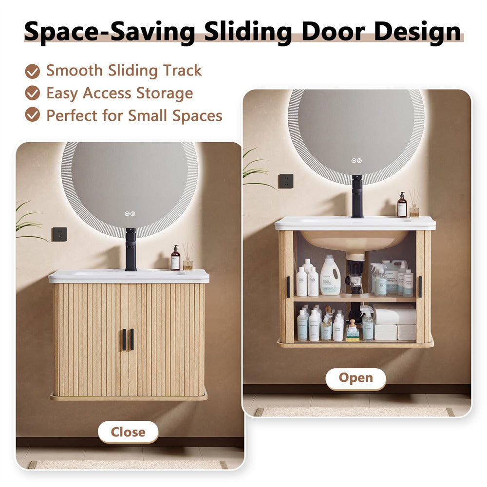 Bathroom vanity with space-saving sliding door design, showing smooth sliding track, easy access storage, and suitability for small spaces.