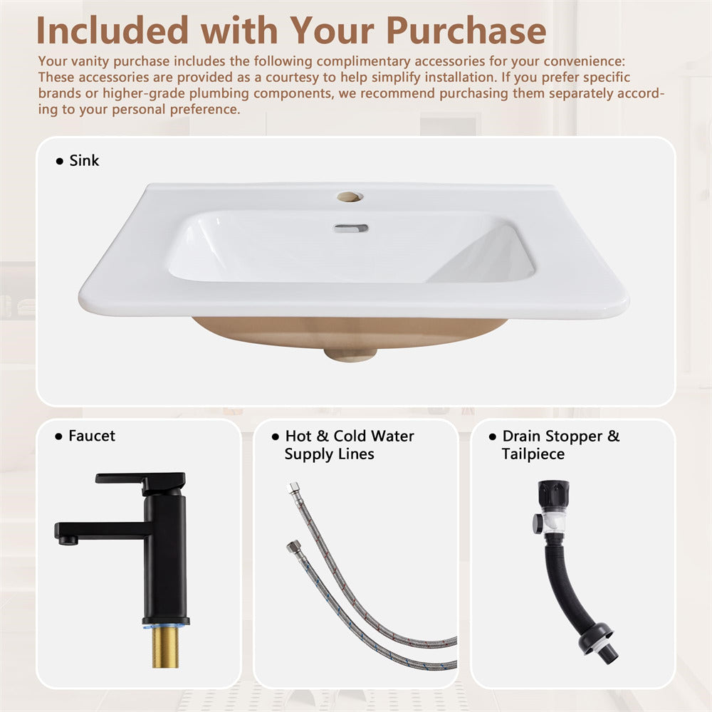 Vanity package with sink, faucet, supply lines, and drain stopper on a beige background.