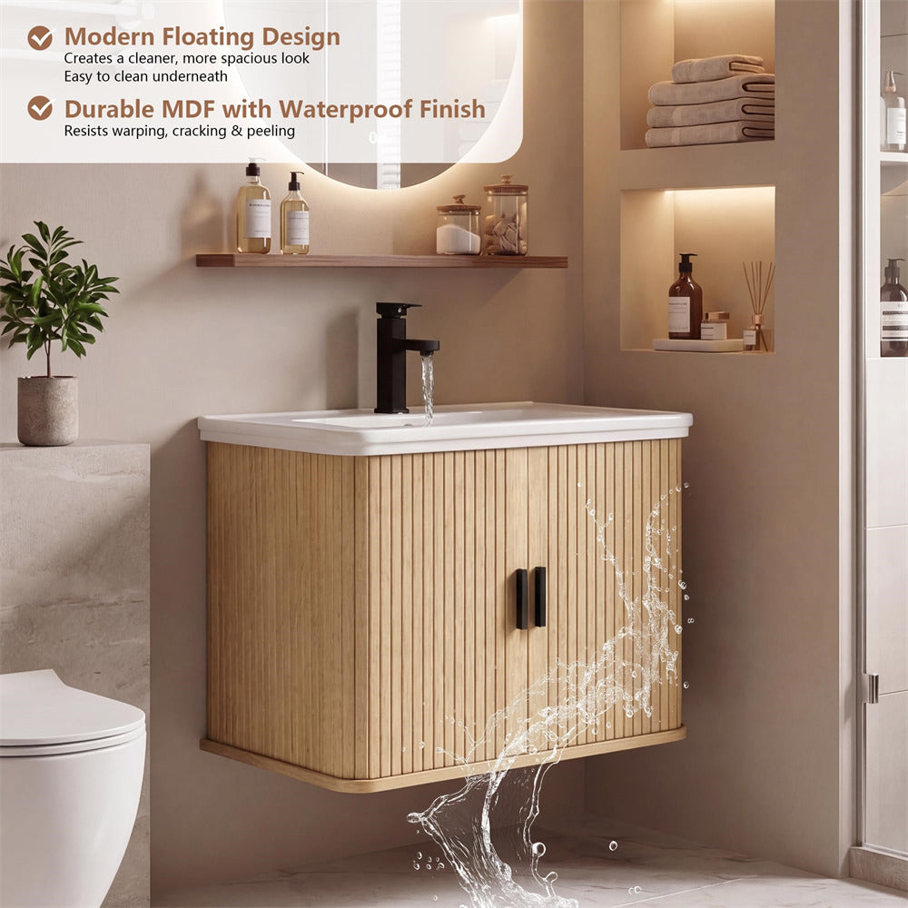 Bathroom vanity with wooden cabinet and white countertop, featuring modern floating design and durable MDF finish.