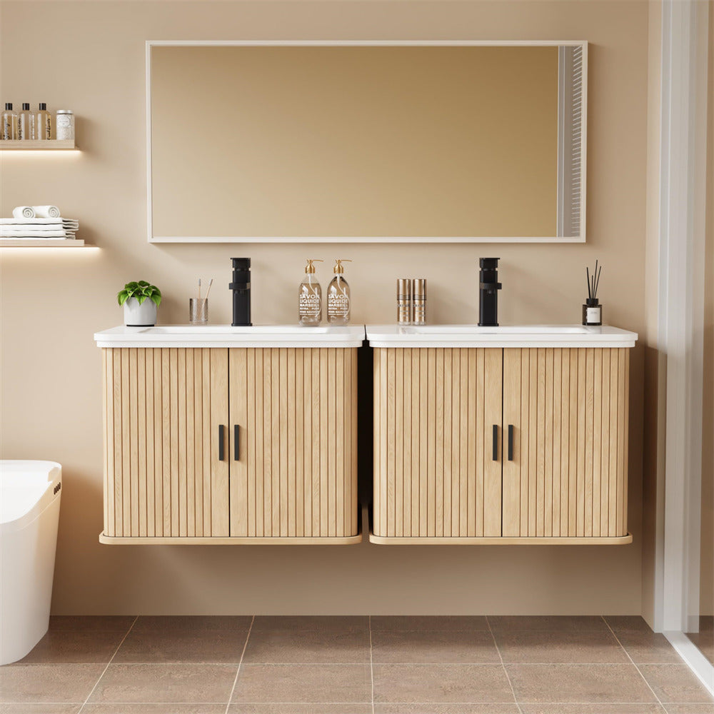 Bathroom vanity with wooden cabinets, white countertop, and mirror above.