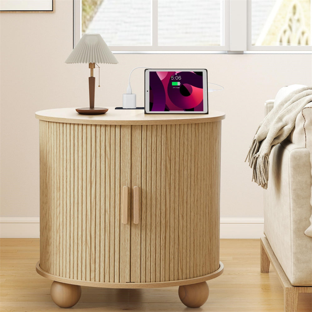 Wooden side table with a lamp and tablet in a living room setting