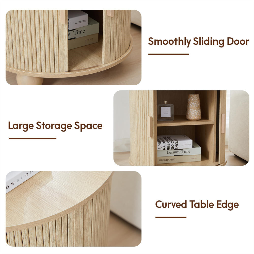 Wooden storage unit with sliding door, large storage space, and curved table edge.