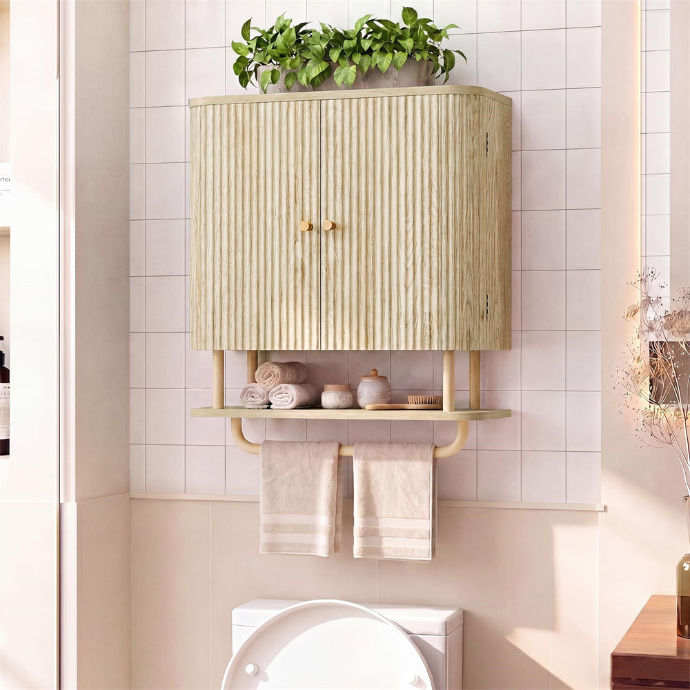 Natural 24''W Fluted Wall Mounted Bathroom Cabinet with Towel Bar and Adjustable Shelf