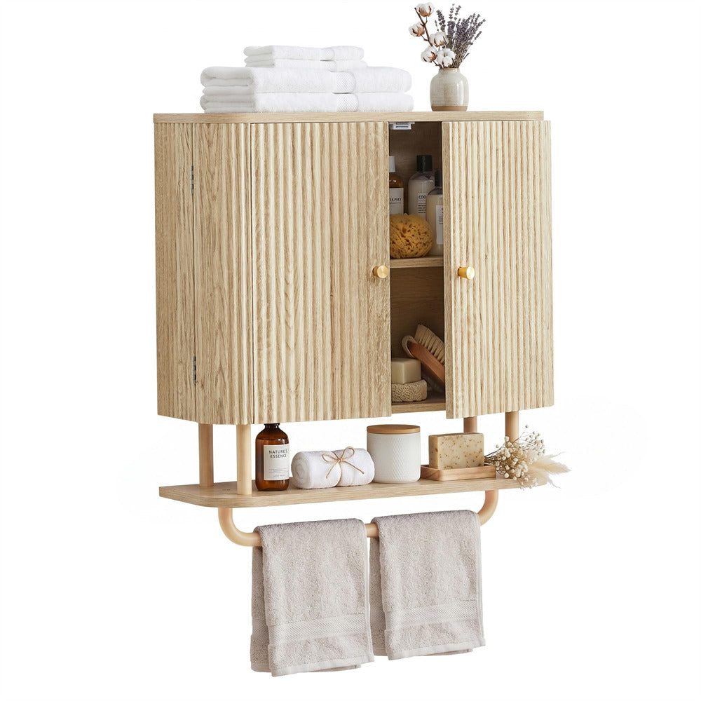 Natural 24''W Fluted Wall Mounted Bathroom Cabinet with Towel Bar and Adjustable Shelf
