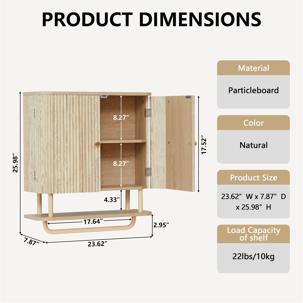 Natural 24''W Fluted Wall Mounted Bathroom Cabinet with Towel Bar and Adjustable Shelf