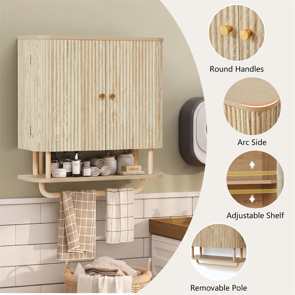 Natural 24''W Fluted Wall Mounted Bathroom Cabinet with Towel Bar and Adjustable Shelf