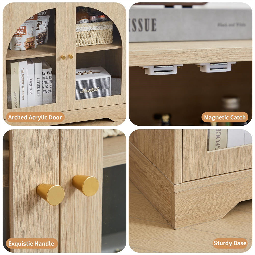 Collage of a wooden cabinet with features highlighted, including arched acrylic door, magnetic catch, exquisite handle, and sturdy base.