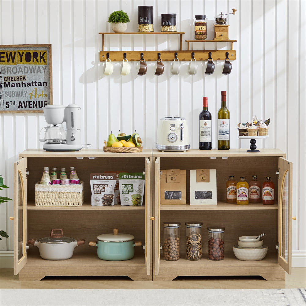 Wooden kitchen cabinet with various items including bottles, fruits, and kitchen appliances.